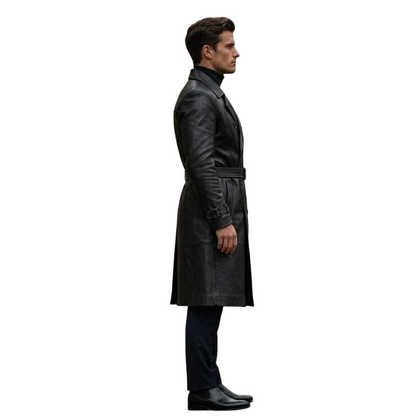 Structured shoulder design of men black leather trench coat