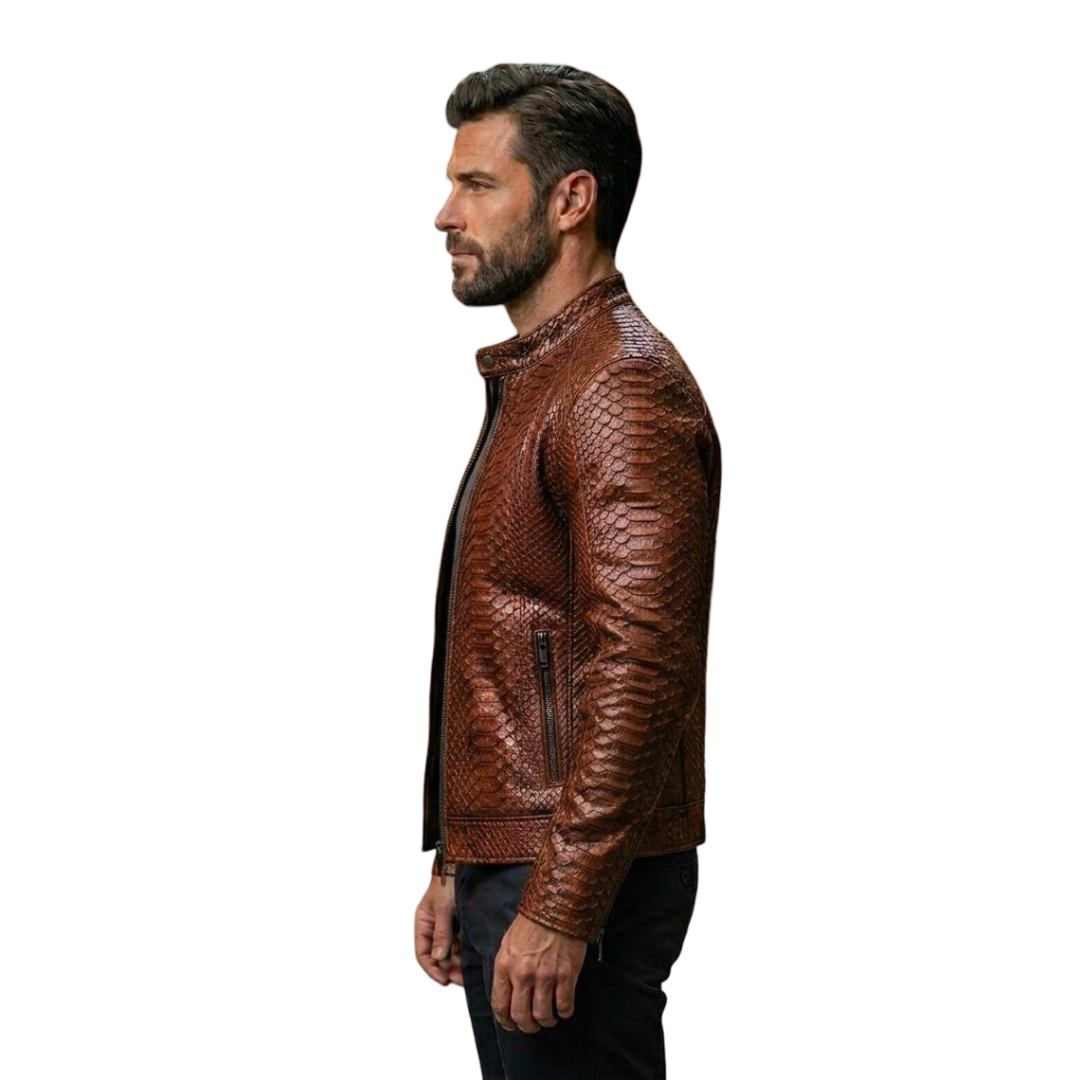 Side view of brown leather biker jacket for men showing textured detail