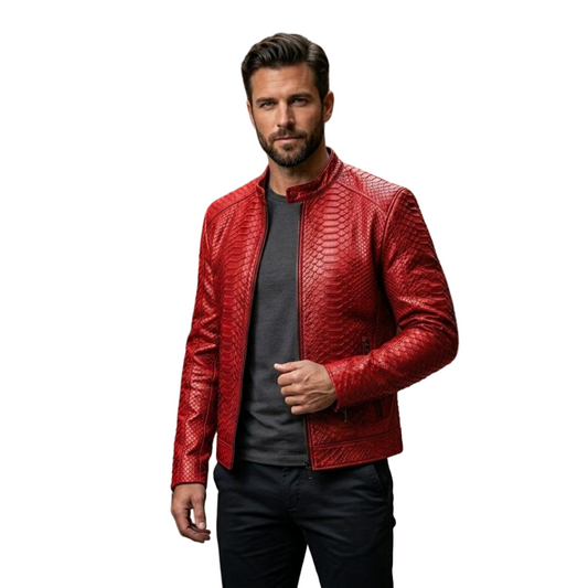 Front view of men red exotic textured leather biker jacket with structured fit