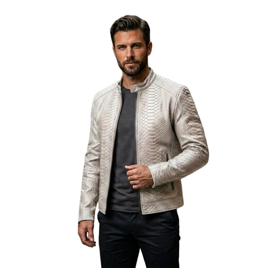 Front view of men white exotic textured leather biker jacket with structured motorcycle fit