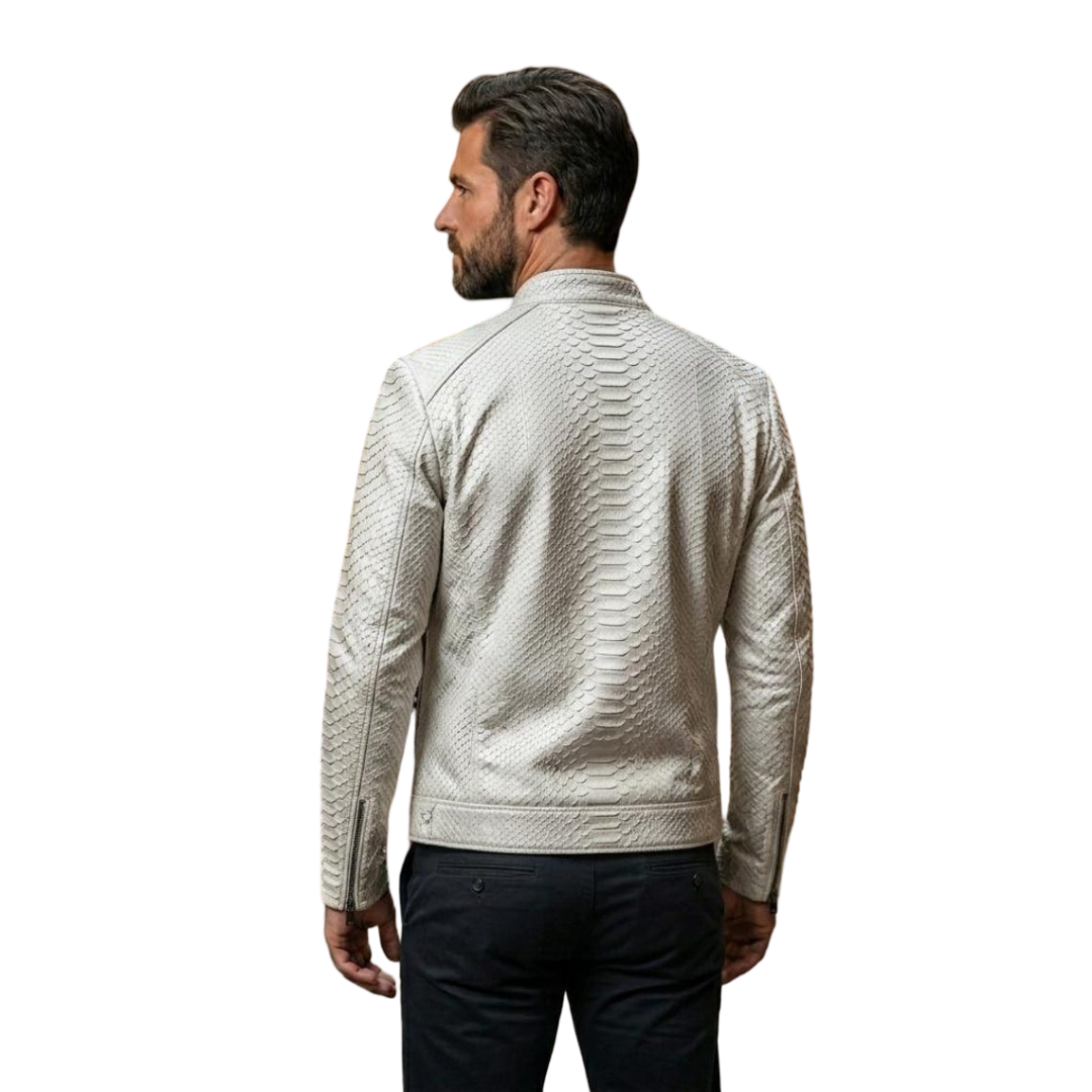 Back view of men white textured motorcycle leather jacket