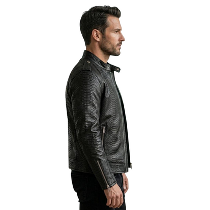 Side profile of luxury black python leather biker jacket for men