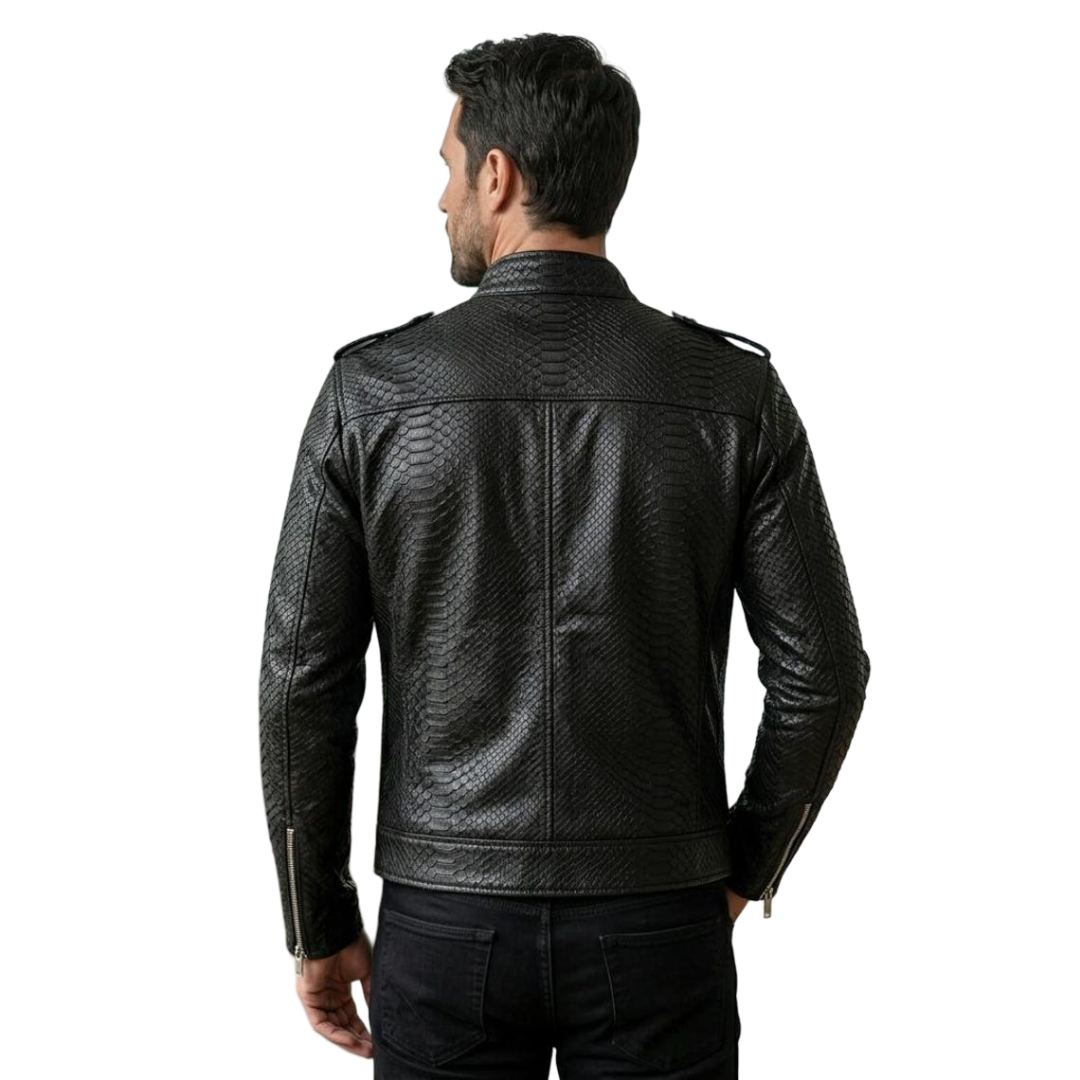 Back view of men black textured motorcycle leather jacket