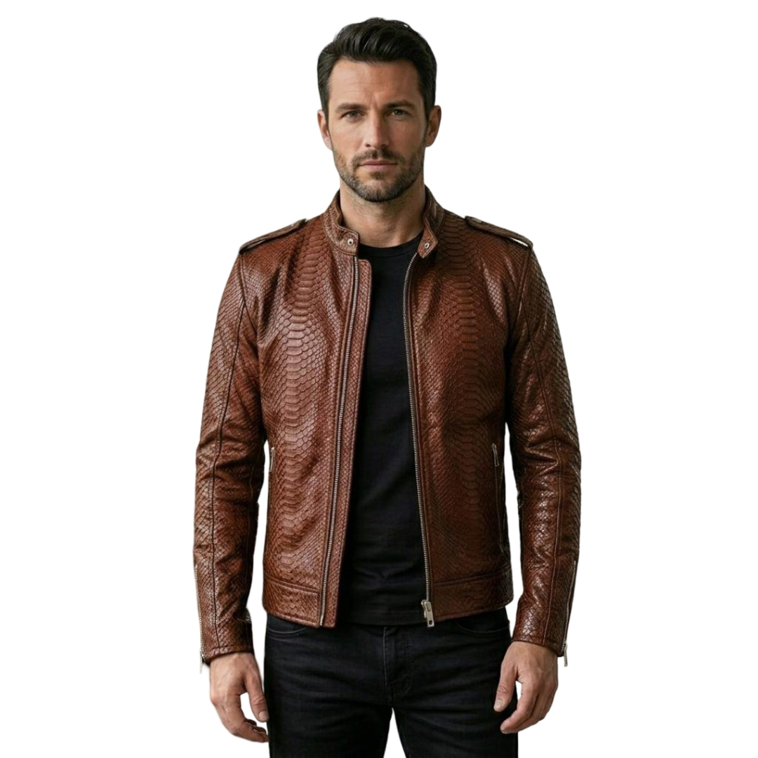 Front view of men brown python leather biker jacket with textured finish