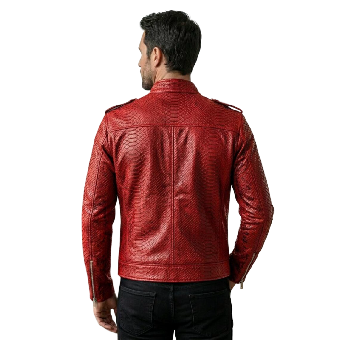 Back view of men red textured motorcycle leather jacket