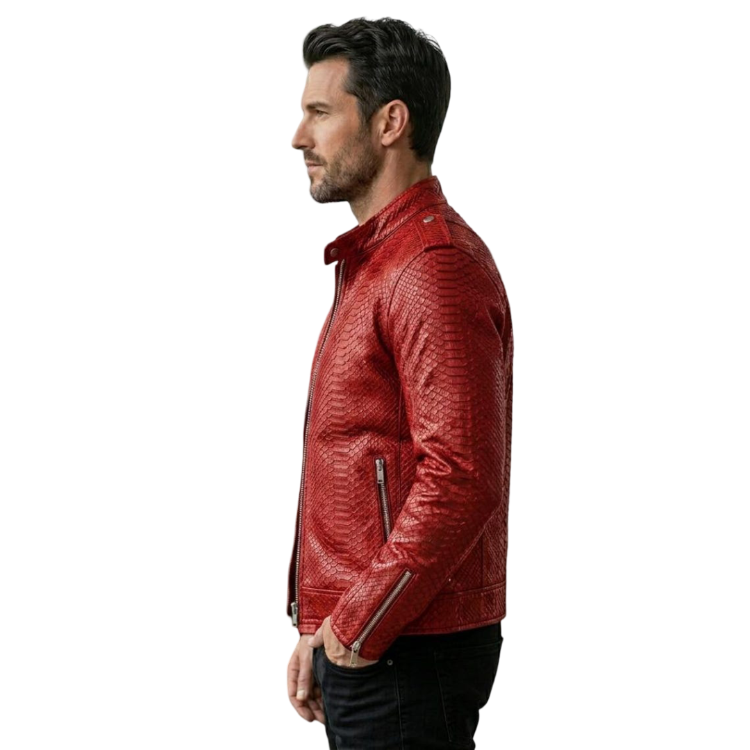 Side view of red leather biker jacket for men showing textured detail