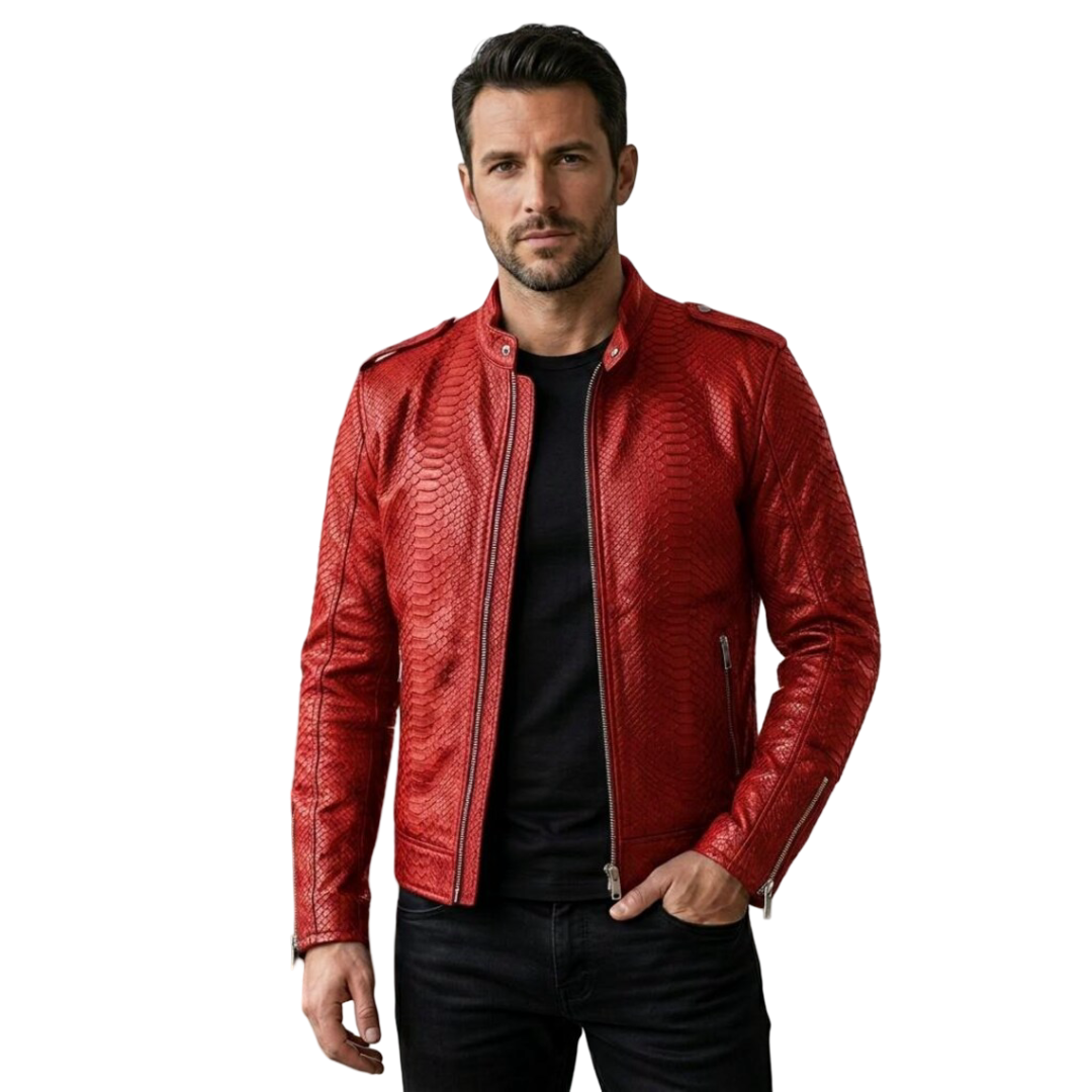 Front view of men red exotic textured leather biker jacket with structured fit