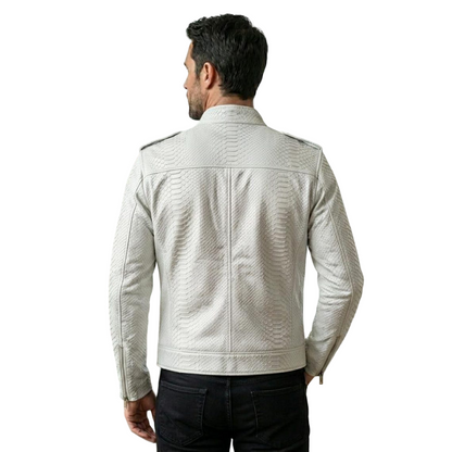 Back view of men white textured motorcycle leather jacket