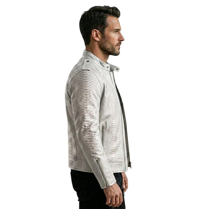 Side profile of white leather biker jacket for men showing textured finish