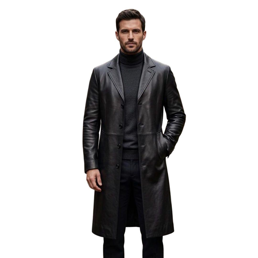 Front view of men black leather trench coat with double breasted closure
