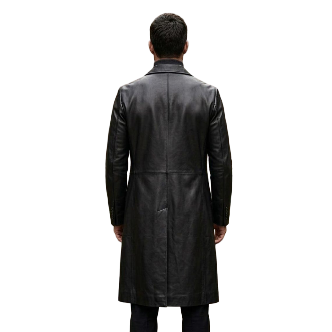 Back view of classic men black leather trench coat full length