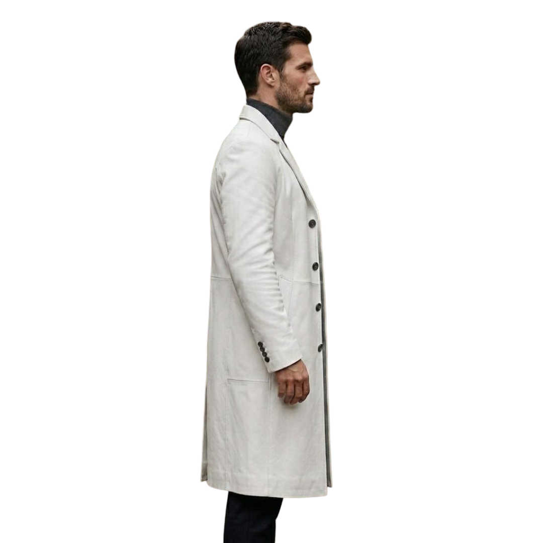 Side profile of luxury men white leather trench coat long style