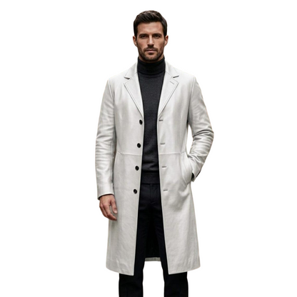  Front view of men white leather trench coat with double breasted design