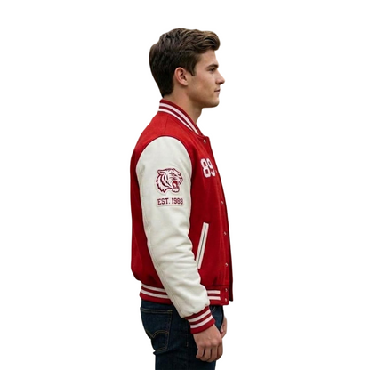 Side profile of red varsity bomber jacket for men