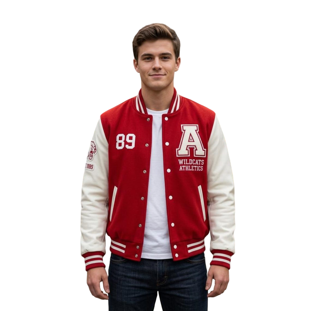 Front view of men red varsity letterman jacket with contrast sleeves