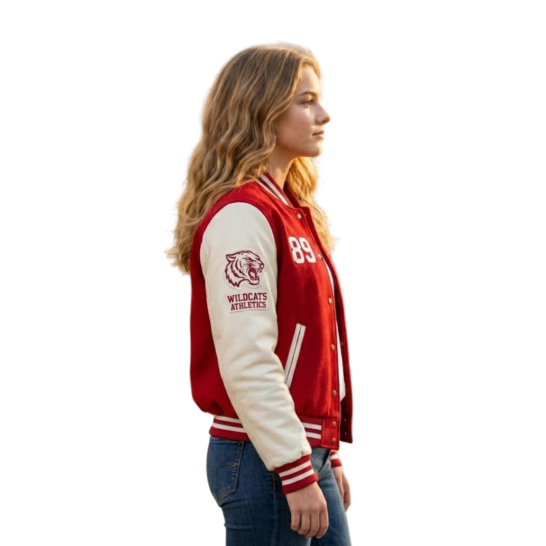 Side profile of red varsity bomber jacket for women