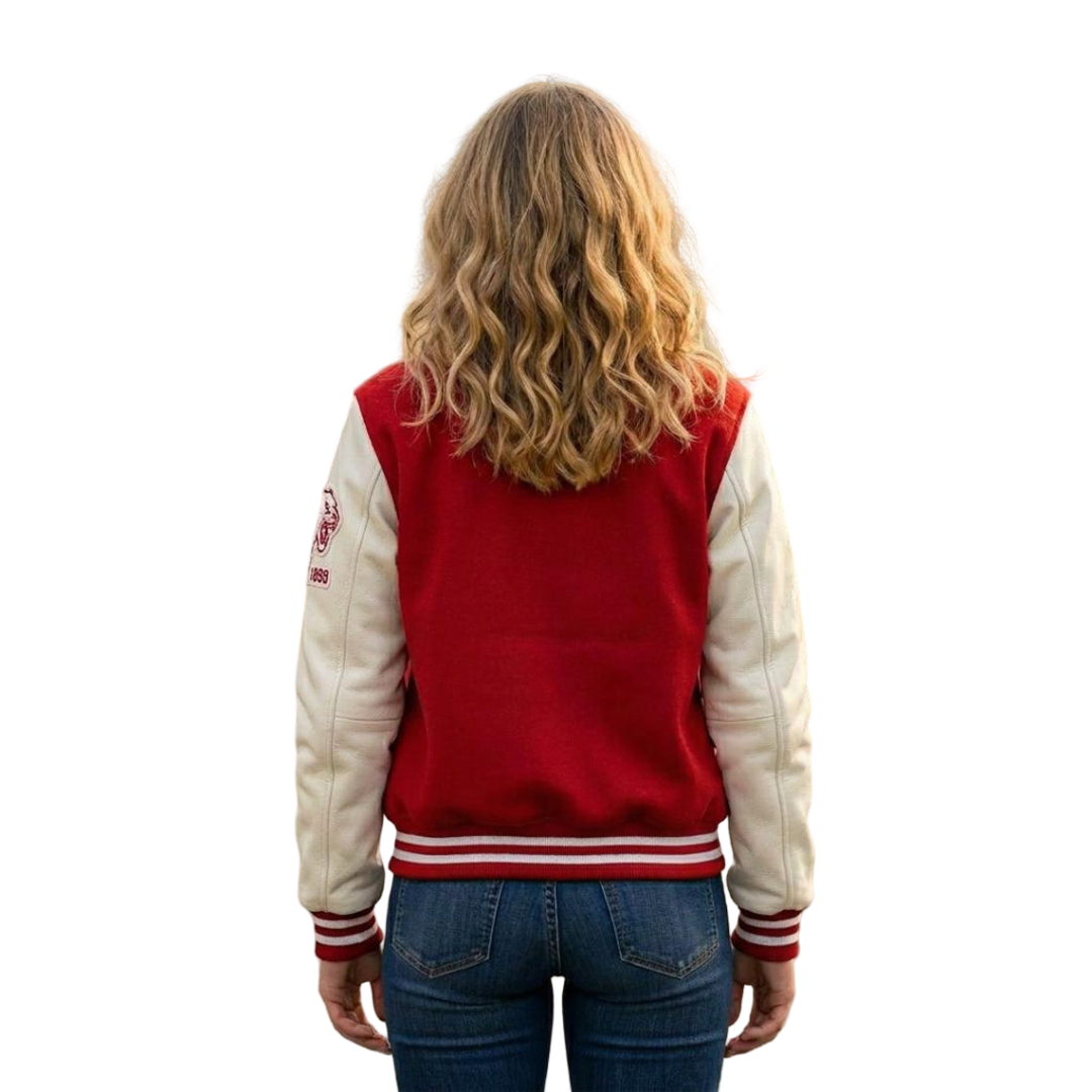 Back view of women red college style bomber jacket