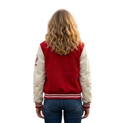 Back view of women red college style bomber jacket