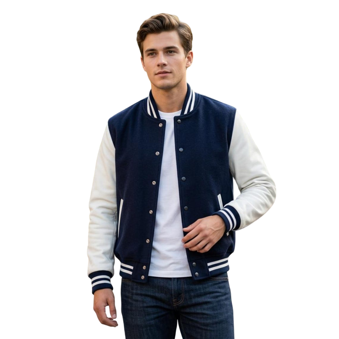 Front view of men navy blue varsity jacket classic college letterman bomber