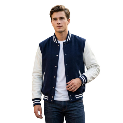 Front view of men navy blue varsity jacket classic college letterman bomber