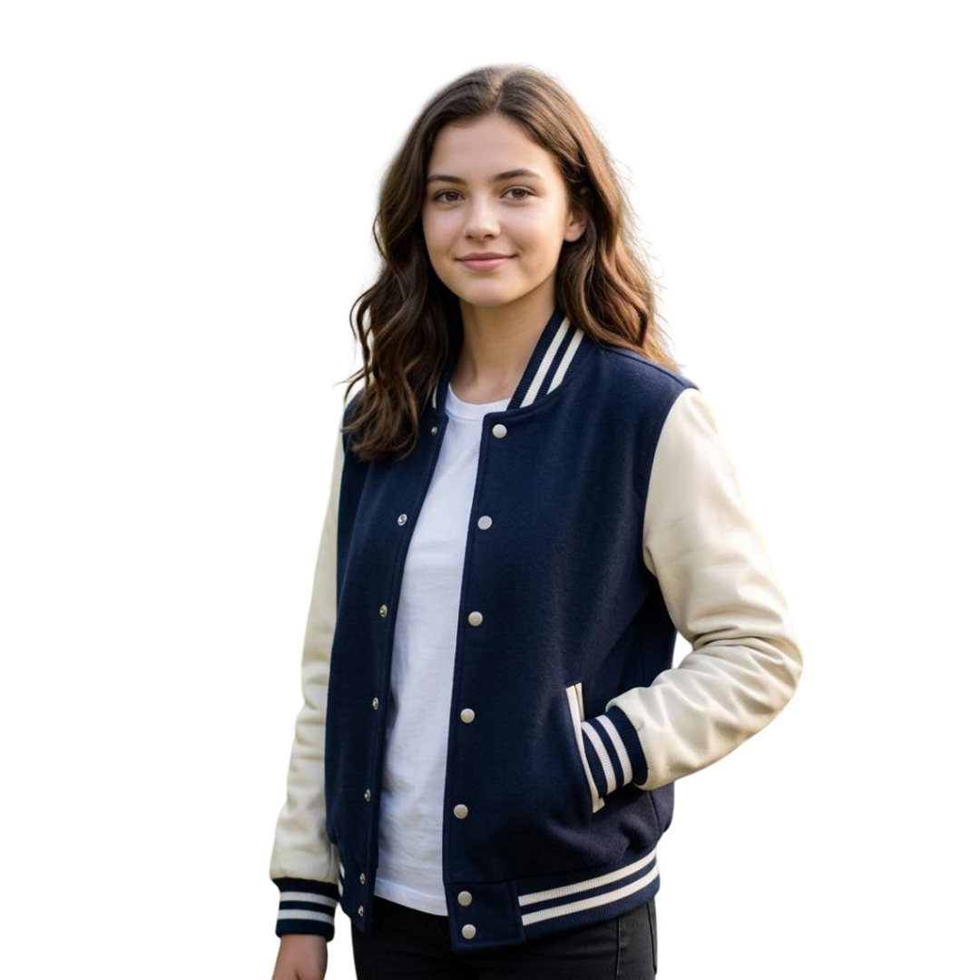 Front view of women navy blue varsity jacket classic college letterman bomber