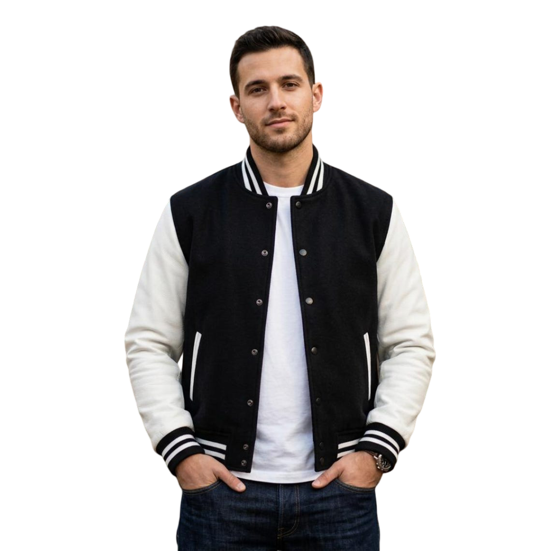 Front view of men black and white varsity jacket with snap button closure