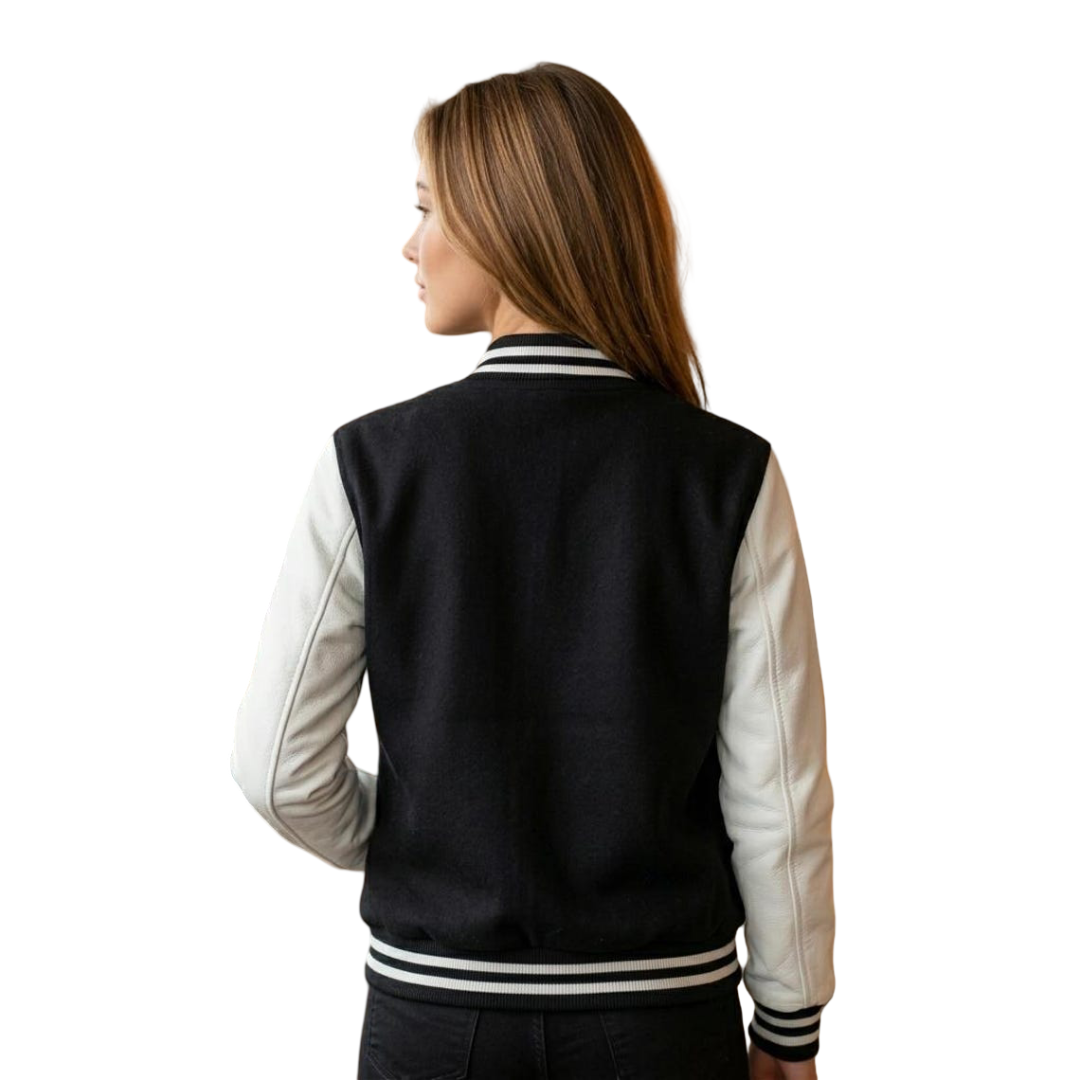 Back view of womens classic black and white letterman jacket