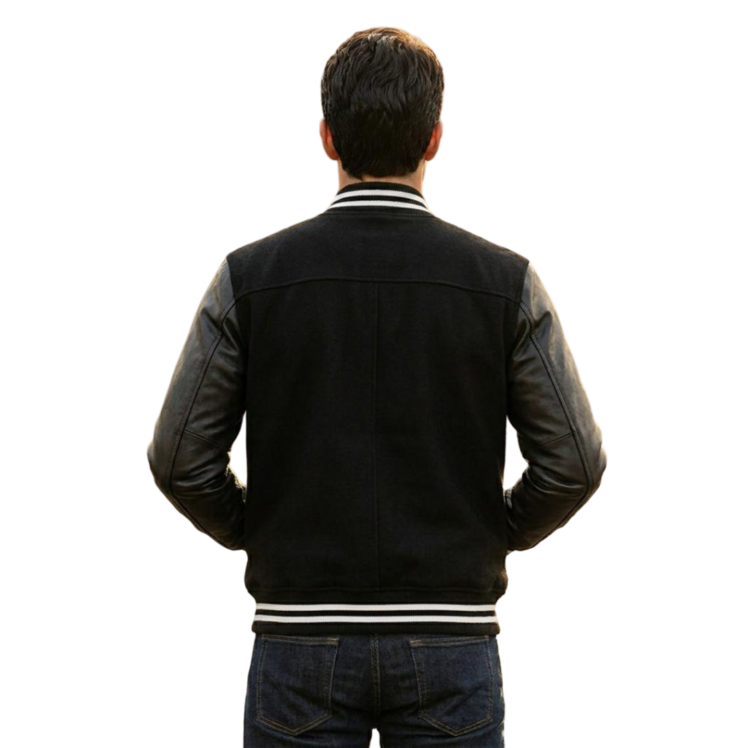 Back view of classic black letterman jacket men