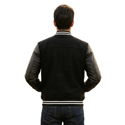 Back view of classic black letterman jacket men