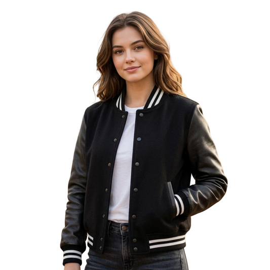 Front view of women black varsity jacket with classic snap button closure