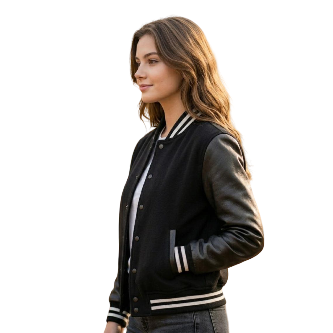 Side view of women black varsity jacket showing ribbed hem and tailored fit