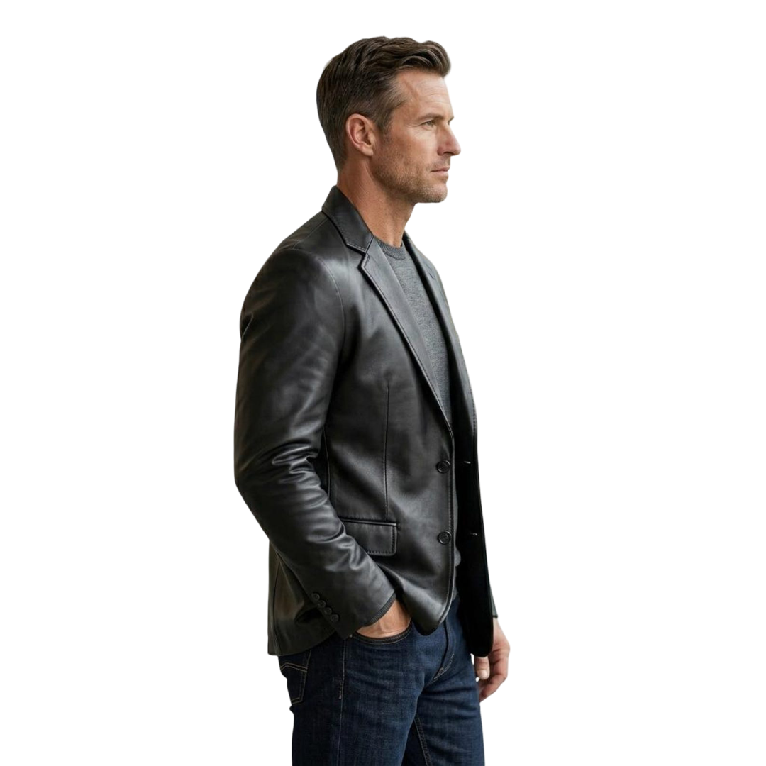 Side profile of slim fit black leather blazer jacket for men