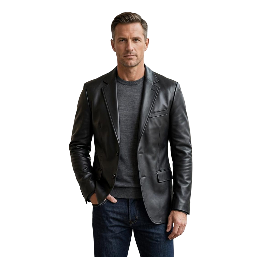  Front view of men black leather blazer jacket slim fit tailored design