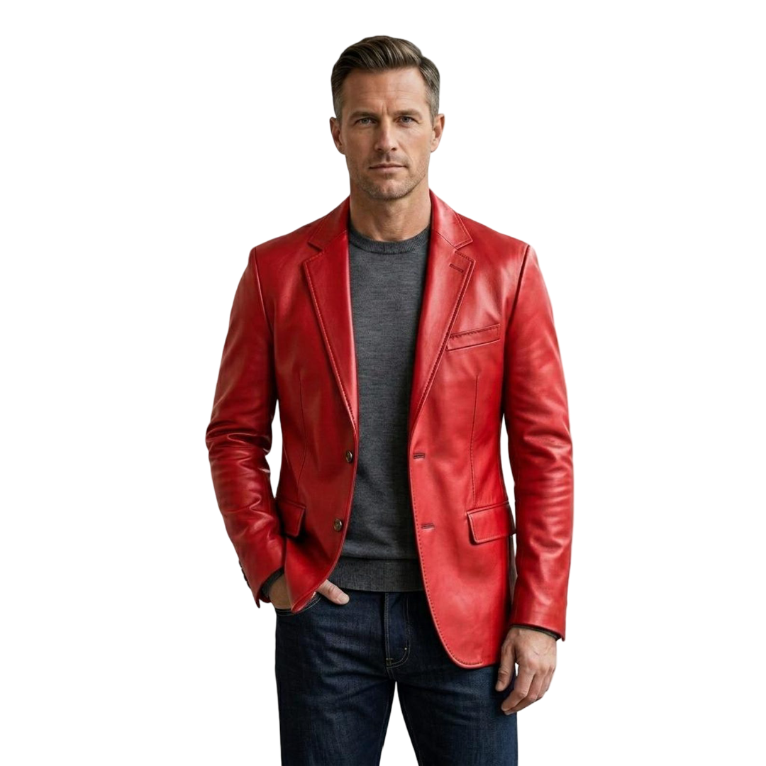 Front view of red leather blazer jacket for men slim fit design
