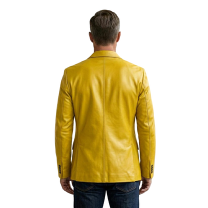 Back view of slim fit yellow leather blazer jacket for men