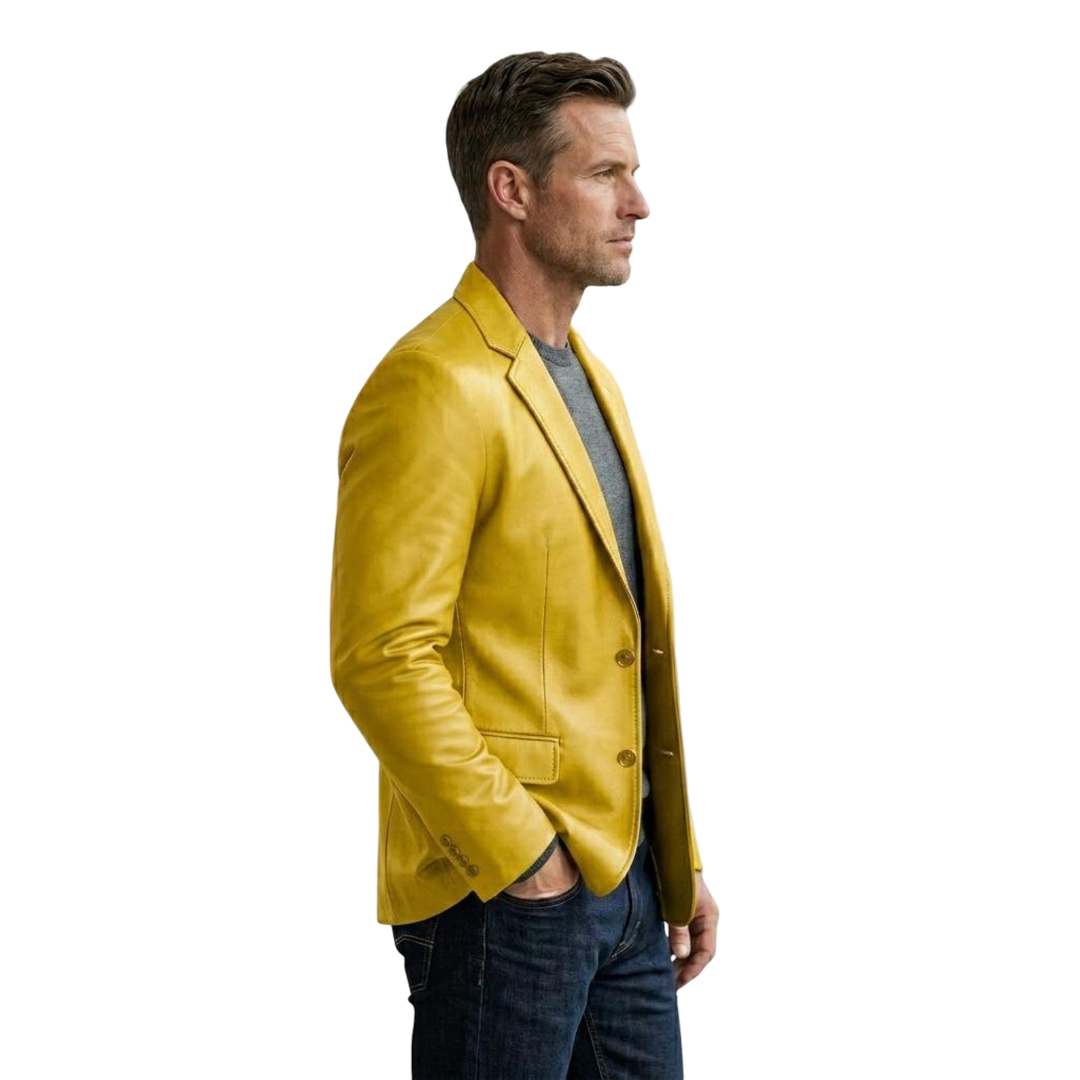 Side profile of slim fit yellow leather blazer jacket for men