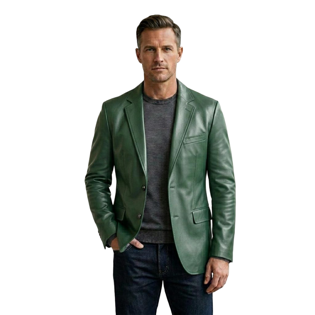 Front view of men green slim fit leather blazer jacket in soft premium leather
