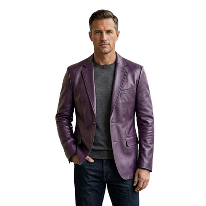 Front view of men purple leather blazer jacket slim fit modern style