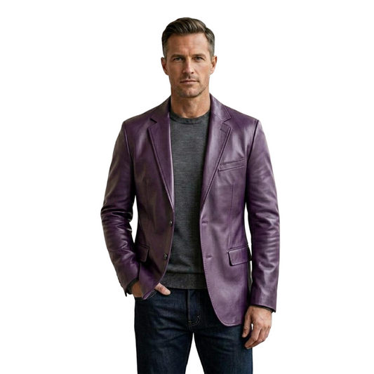 Front view of men purple leather blazer jacket slim fit modern style