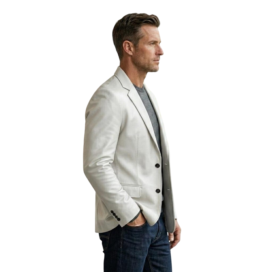 Side angle of slim fit men white leather blazer jacket