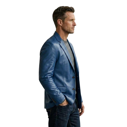 Side profile of slim fit men blue leather blazer jacket