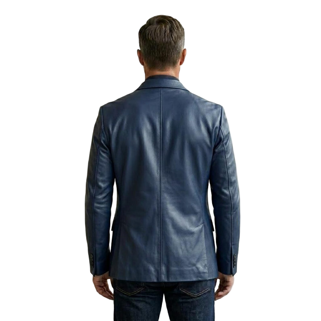 Back view of premium men blue leather blazer jacket