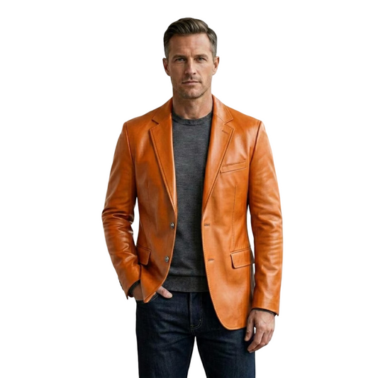 Front view of men orange leather blazer jacket in slim fit premium soft leather