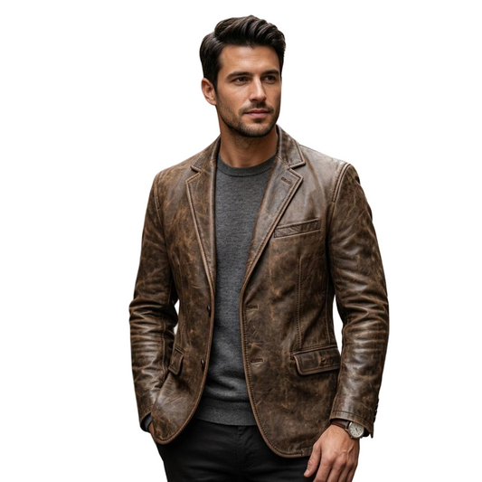 Front view of distressed brown leather blazer slim fit vintage style