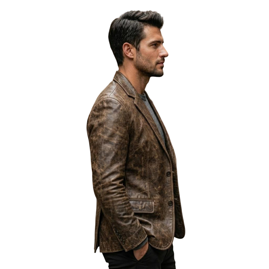 Side angle of brown leather blazer mens slim fit design