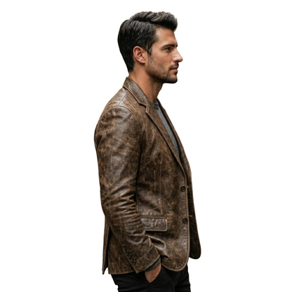 Side angle of brown leather blazer mens slim fit design