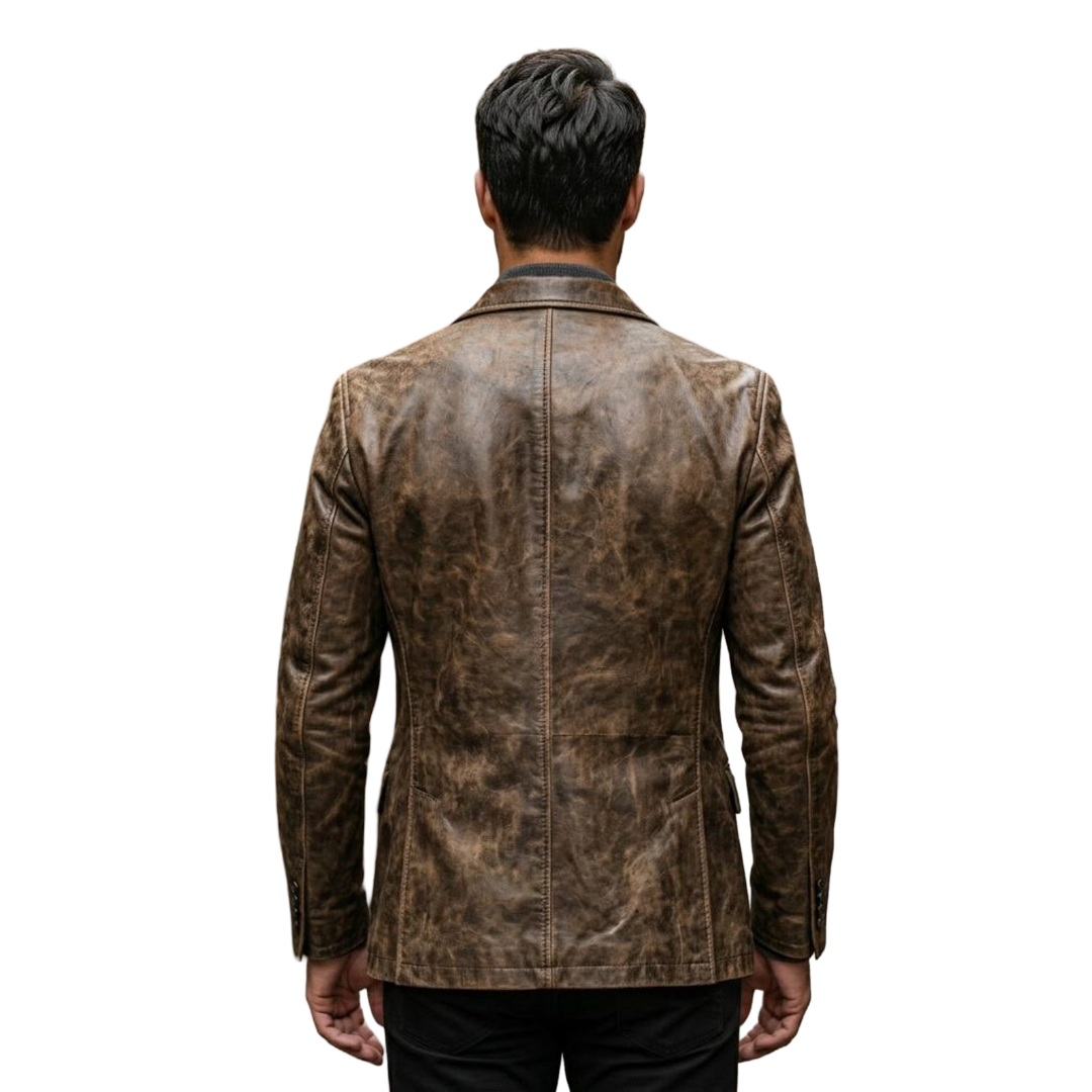 Back view of mens distressed brown leather blazer