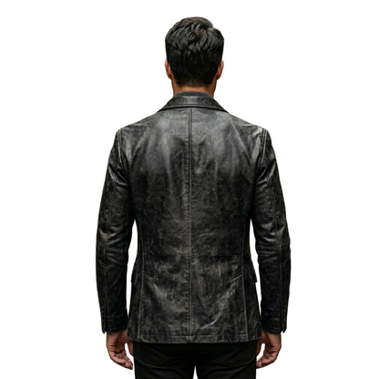 Back view of men slim fit distressed black leather blazer