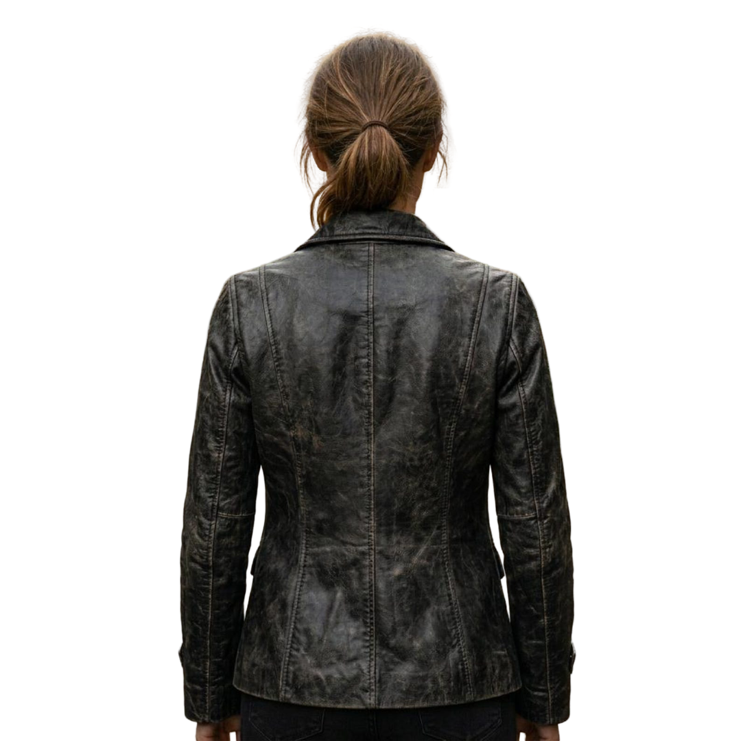  Back view of slim fit black leather blazer for women