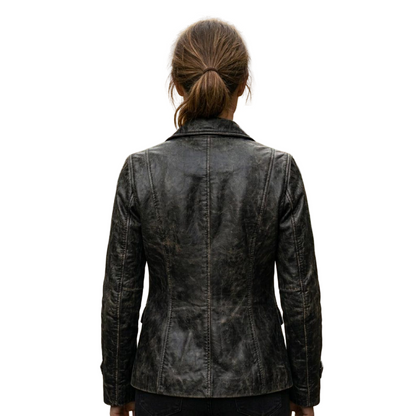  Back view of slim fit black leather blazer for women